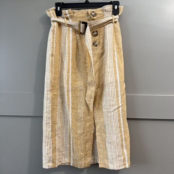 One One Six Strut & Bolt Skirt Womens Small Tan White Linen Striped Belted Midi - Picture 1 of 13